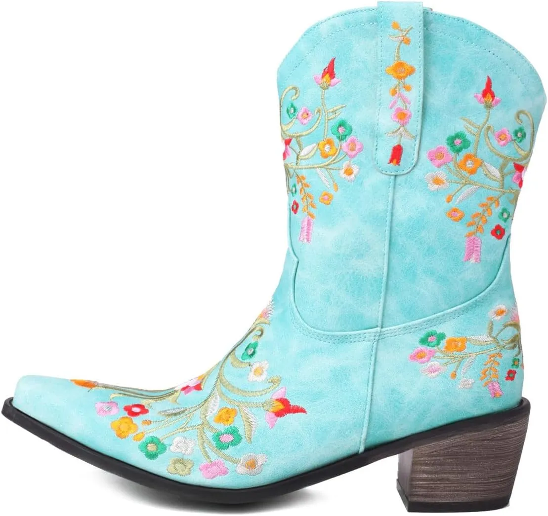 KISSASA Floral Ankle Cowboy Boots Embroidered Snip Toe Cowgirl Boots Stacked Heel Western Ankle Boots