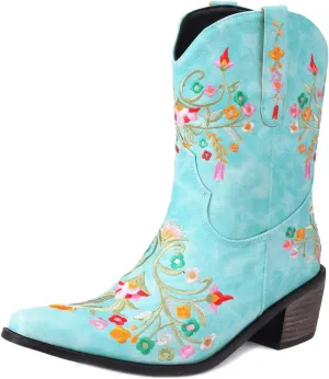 KISSASA Floral Ankle Cowboy Boots Embroidered Snip Toe Cowgirl Boots Stacked Heel Western Ankle Boots
