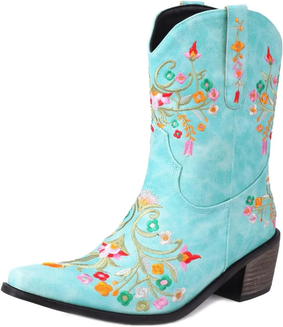 KISSASA Floral Ankle Cowboy Boots Embroidered Snip Toe Cowgirl Boots Stacked Heel Western Ankle Boots