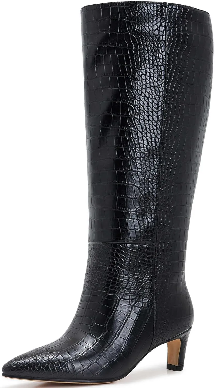 Kitten Heel Boots For Women Knee High Boots Low Heels Wide Calf Pointed Toe Stiletto