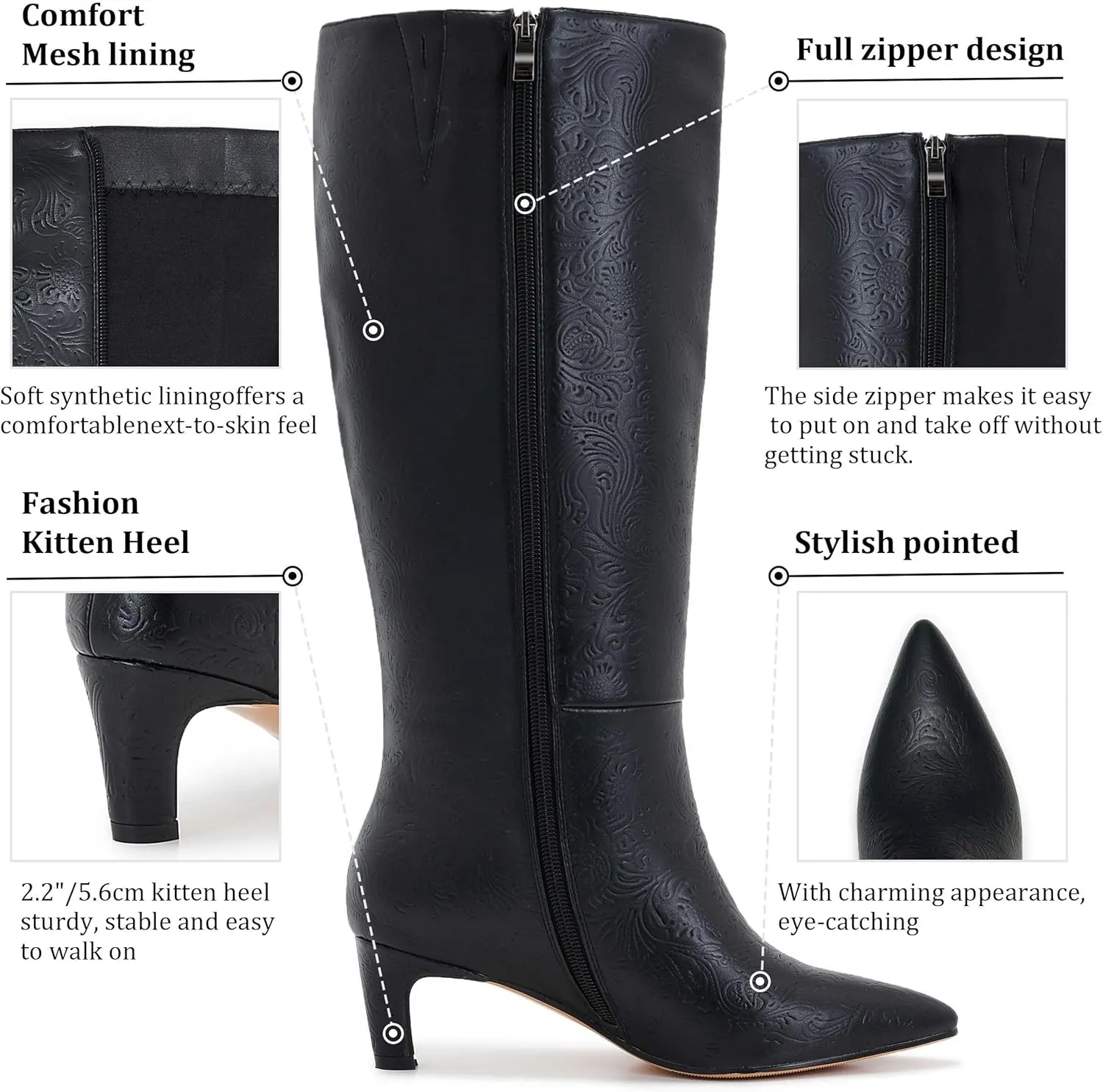 Kitten Heel Boots For Women Knee High Boots Low Heels Wide Calf Pointed Toe Stiletto