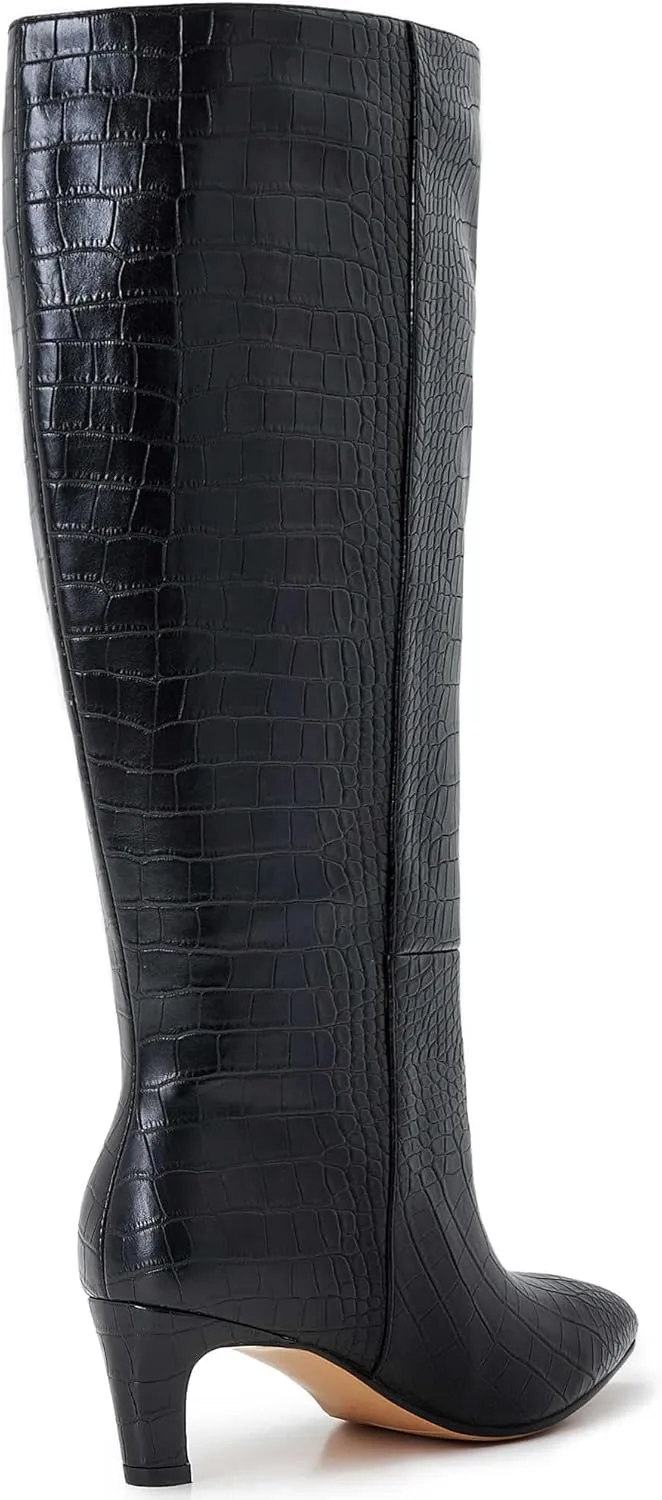 Kitten Heel Boots For Women Knee High Boots Low Heels Wide Calf Pointed Toe Stiletto