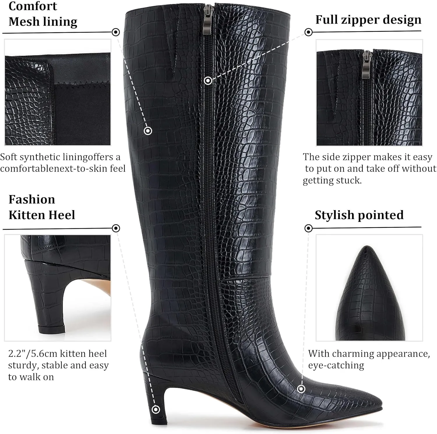 Kitten Heel Boots For Women Knee High Boots Low Heels Wide Calf Pointed Toe Stiletto