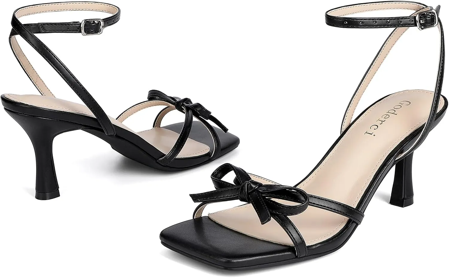 Kitten Heels with Bow Strappy Heels for Women Square Open Toe Mid Heeled Sandals