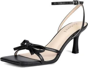Kitten Heels with Bow Strappy Heels for Women Square Open Toe Mid Heeled Sandals