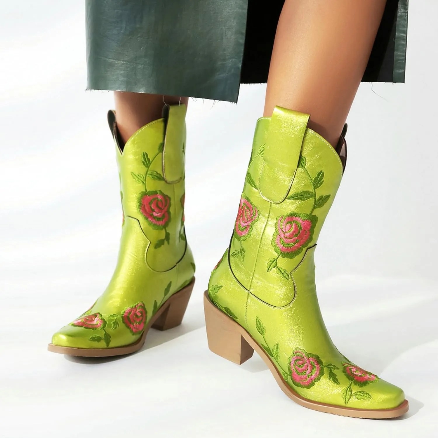 KiutSymo Women Cowgirl Boots Mid Calf Western Boots Floral Embroidered Square Toe Cowboy Boots for Women Block Chunky Heel Pull-On Tabs Retro Ladies Boots