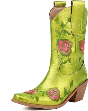 KiutSymo Women Cowgirl Boots Mid Calf Western Boots Floral Embroidered Square Toe Cowboy Boots for Women Block Chunky Heel Pull-On Tabs Retro Ladies Boots