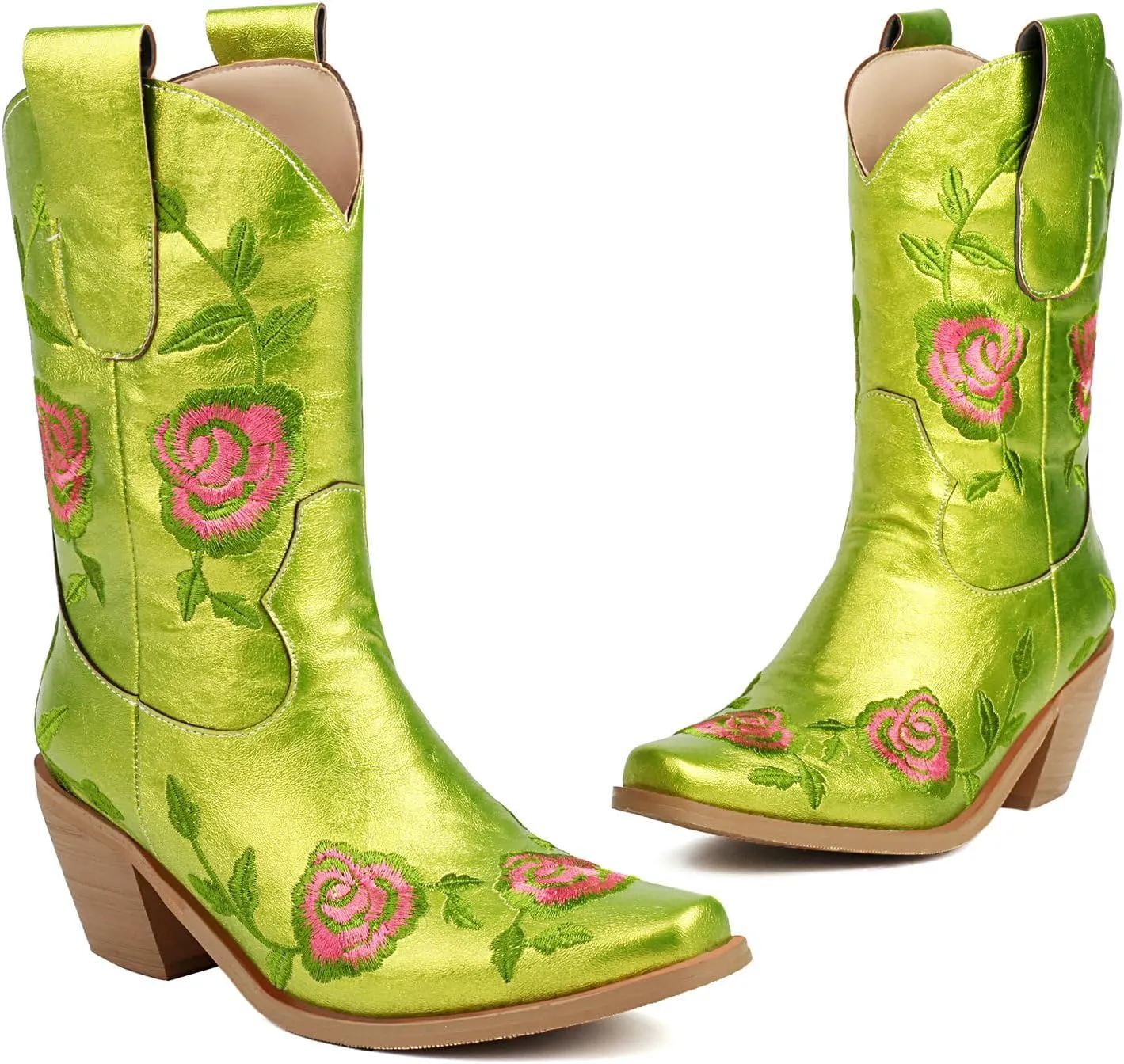 KiutSymo Women Cowgirl Boots Mid Calf Western Boots Floral Embroidered Square Toe Cowboy Boots for Women Block Chunky Heel Pull-On Tabs Retro Ladies Boots