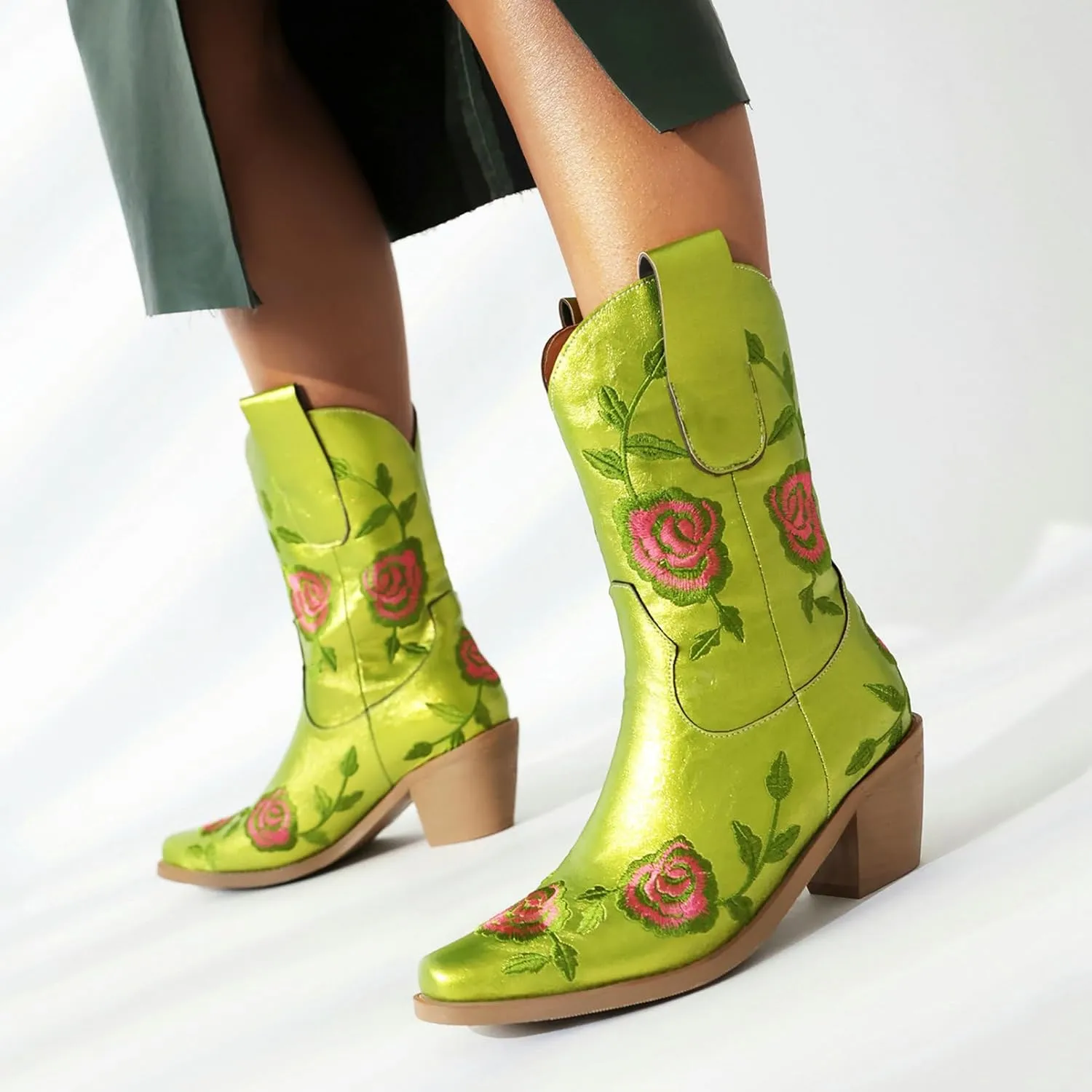 KiutSymo Women Cowgirl Boots Mid Calf Western Boots Floral Embroidered Square Toe Cowboy Boots for Women Block Chunky Heel Pull-On Tabs Retro Ladies Boots