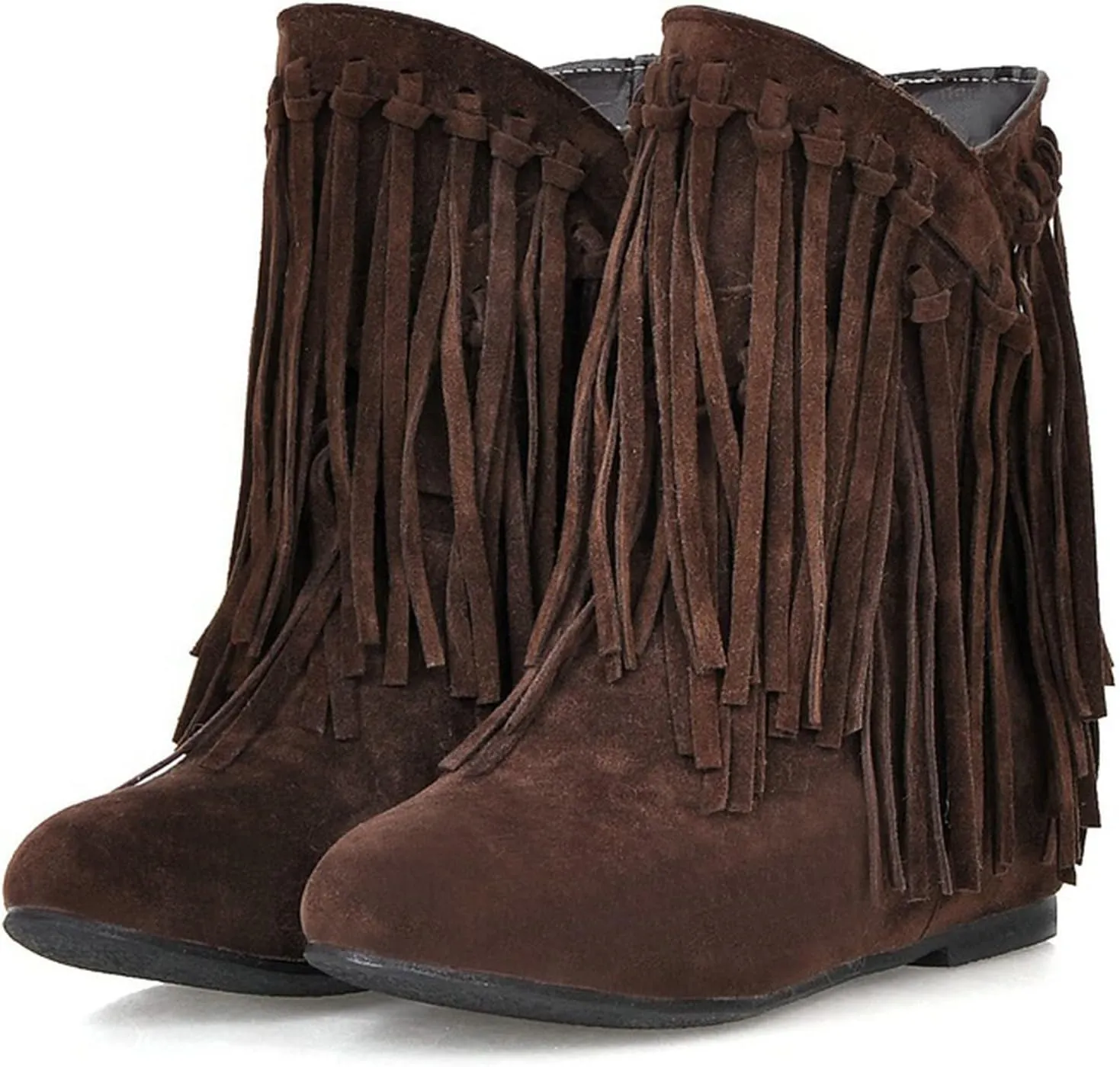 KiutSymo Womens Ankle Fringe Boots Round Toe Wide Calf Flat Tassel Boots Casual Hidden Wedge Heels Ankle Boots for Winter