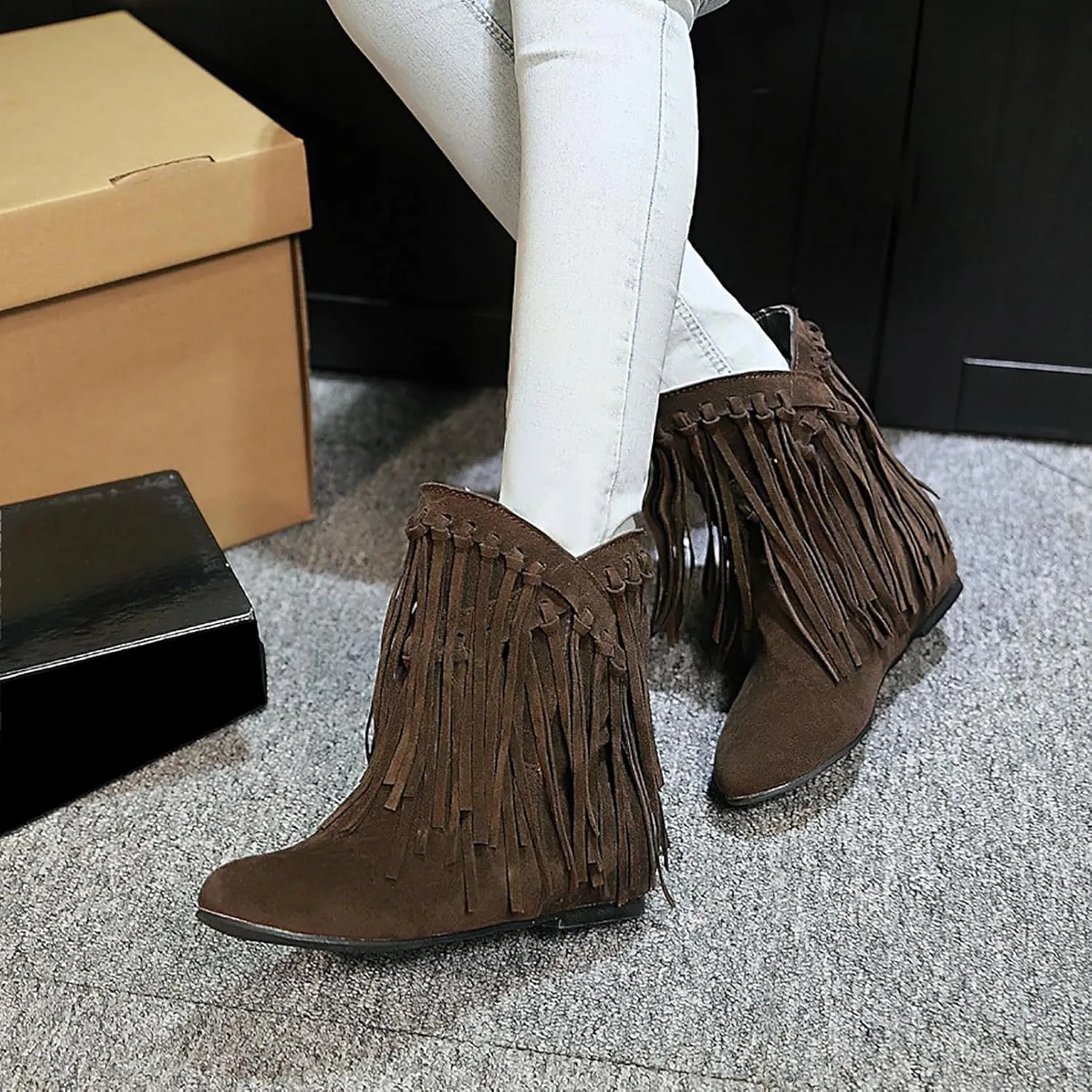 KiutSymo Womens Ankle Fringe Boots Round Toe Wide Calf Flat Tassel Boots Casual Hidden Wedge Heels Ankle Boots for Winter
