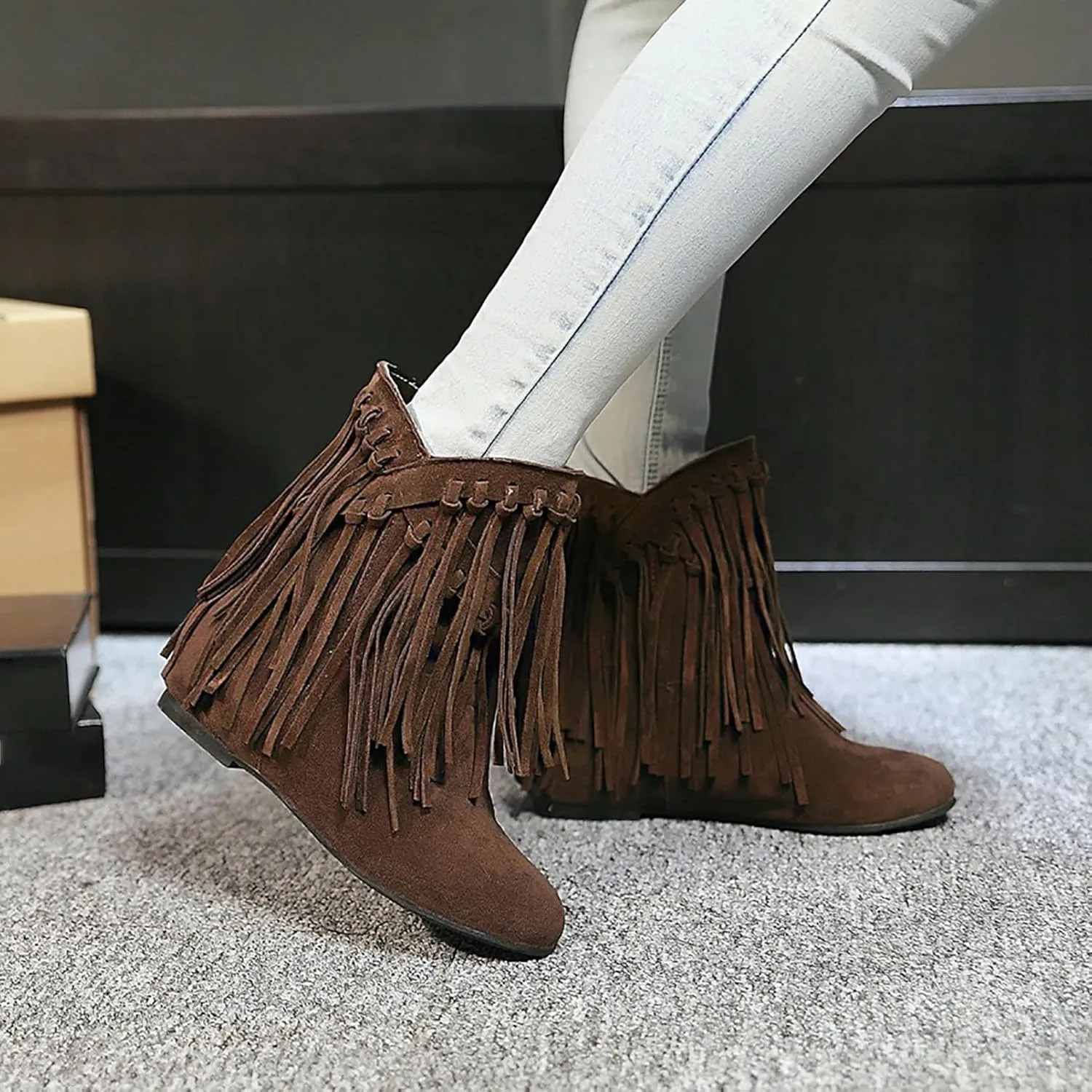 KiutSymo Womens Ankle Fringe Boots Round Toe Wide Calf Flat Tassel Boots Casual Hidden Wedge Heels Ankle Boots for Winter