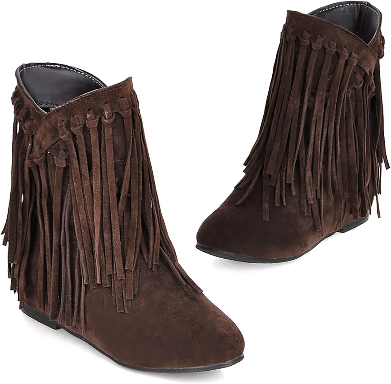 KiutSymo Womens Ankle Fringe Boots Round Toe Wide Calf Flat Tassel Boots Casual Hidden Wedge Heels Ankle Boots for Winter