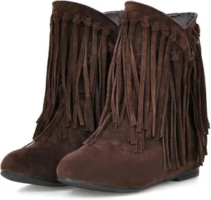 KiutSymo Womens Ankle Fringe Boots Round Toe Wide Calf Flat Tassel Boots Casual Hidden Wedge Heels Ankle Boots for Winter