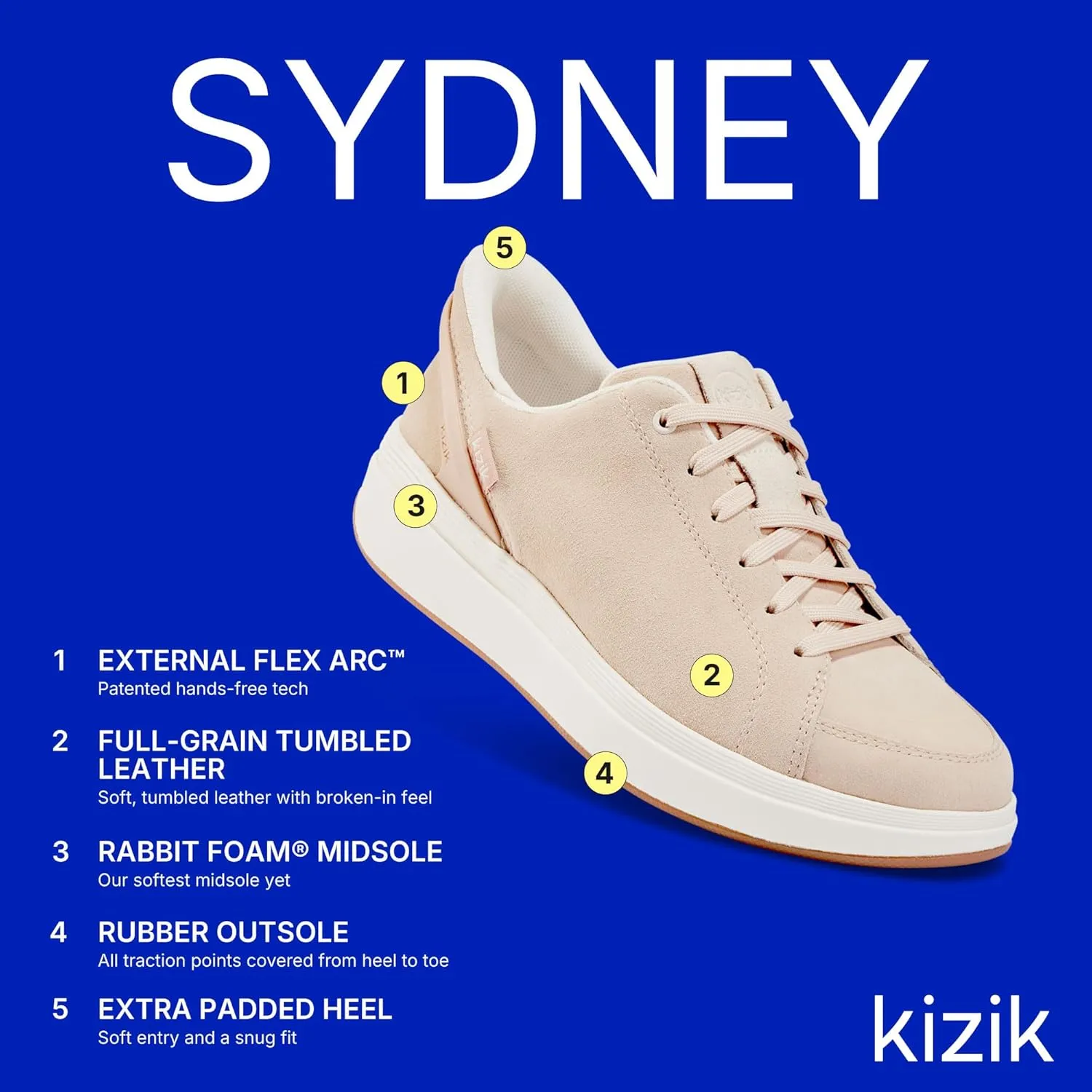 Kizik Womens Shoes: Sydney - Comfortable, Breathable, Casual Slip On Sneakers, Full Grain Tumbled Leather, Hands Free Convenience in a Timeless Style - Regular Width