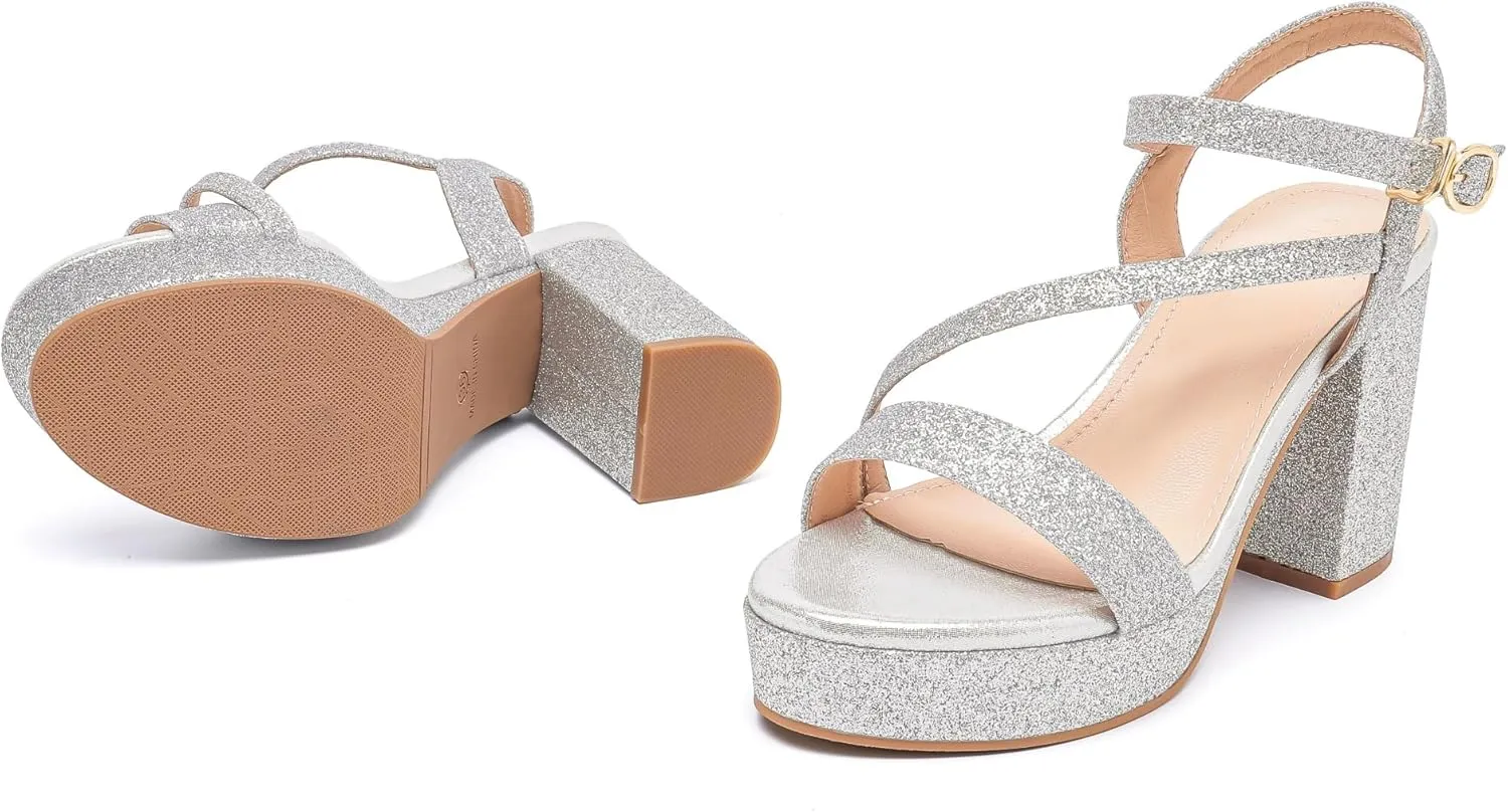 kkdom Platform Heels for Women Strappy Block Chunky High Heels Open Toe Fashion Party Evening Prom Wedding Ankle Buckle Dress Pump Sandals Shoes