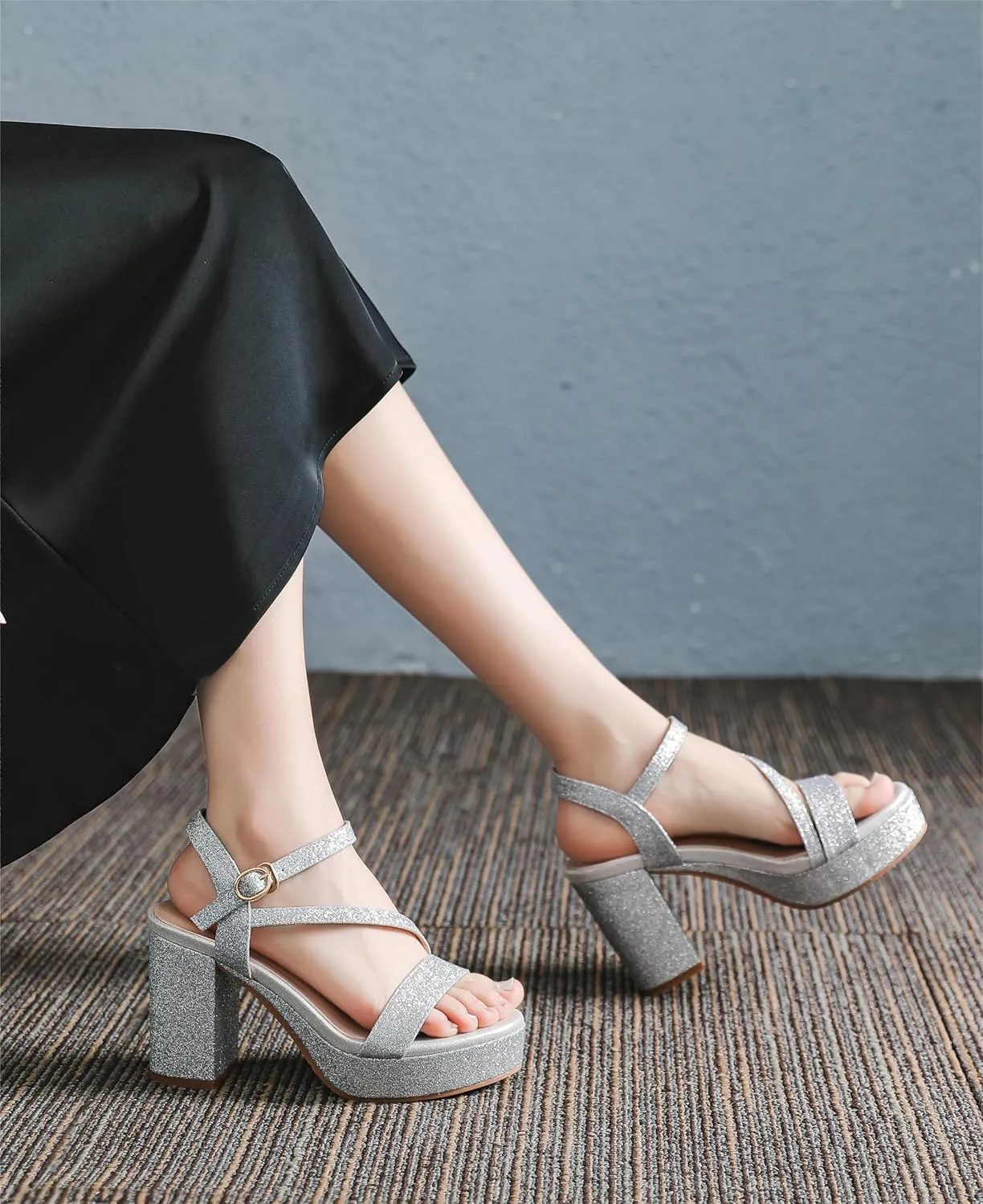 kkdom Platform Heels for Women Strappy Block Chunky High Heels Open Toe Fashion Party Evening Prom Wedding Ankle Buckle Dress Pump Sandals Shoes
