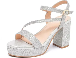 kkdom Platform Heels for Women Strappy Block Chunky High Heels Open Toe Fashion Party Evening Prom Wedding Ankle Buckle Dress Pump Sandals Shoes