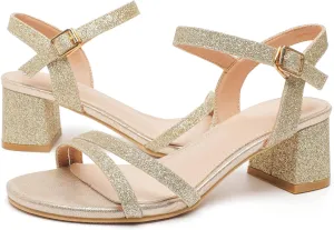 kkdom Women's Open Toe Ankle Strap Glitter Sandals Pumps Low Block Chunky Heels Wedding Dress Shoes