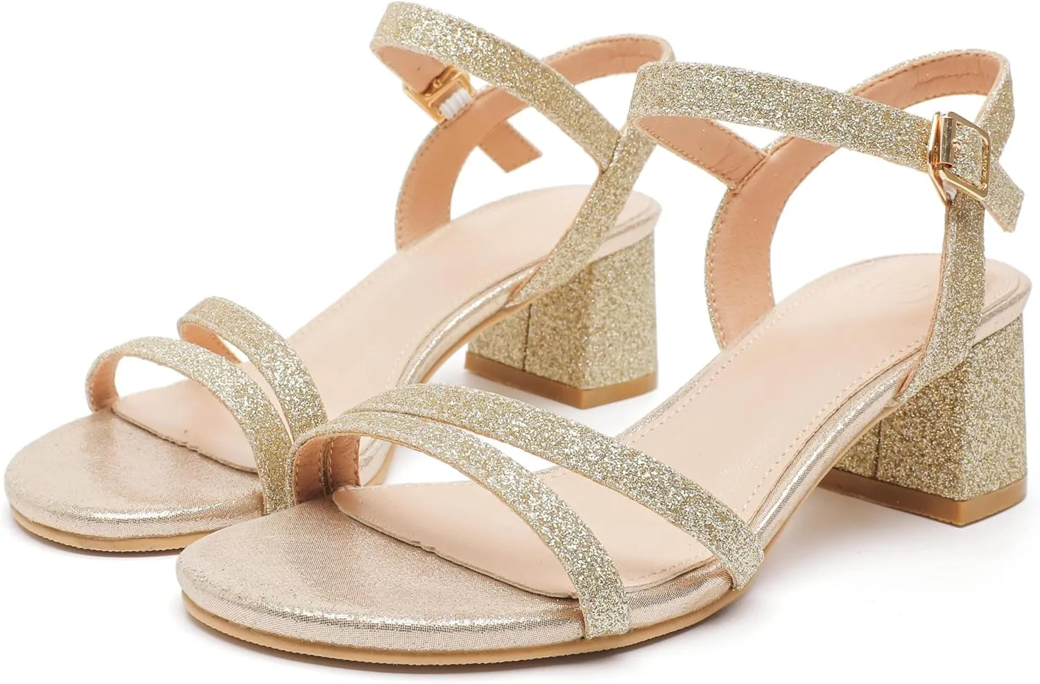 kkdom Women's Open Toe Ankle Strap Glitter Sandals Pumps Low Block Chunky Heels Wedding Dress Shoes