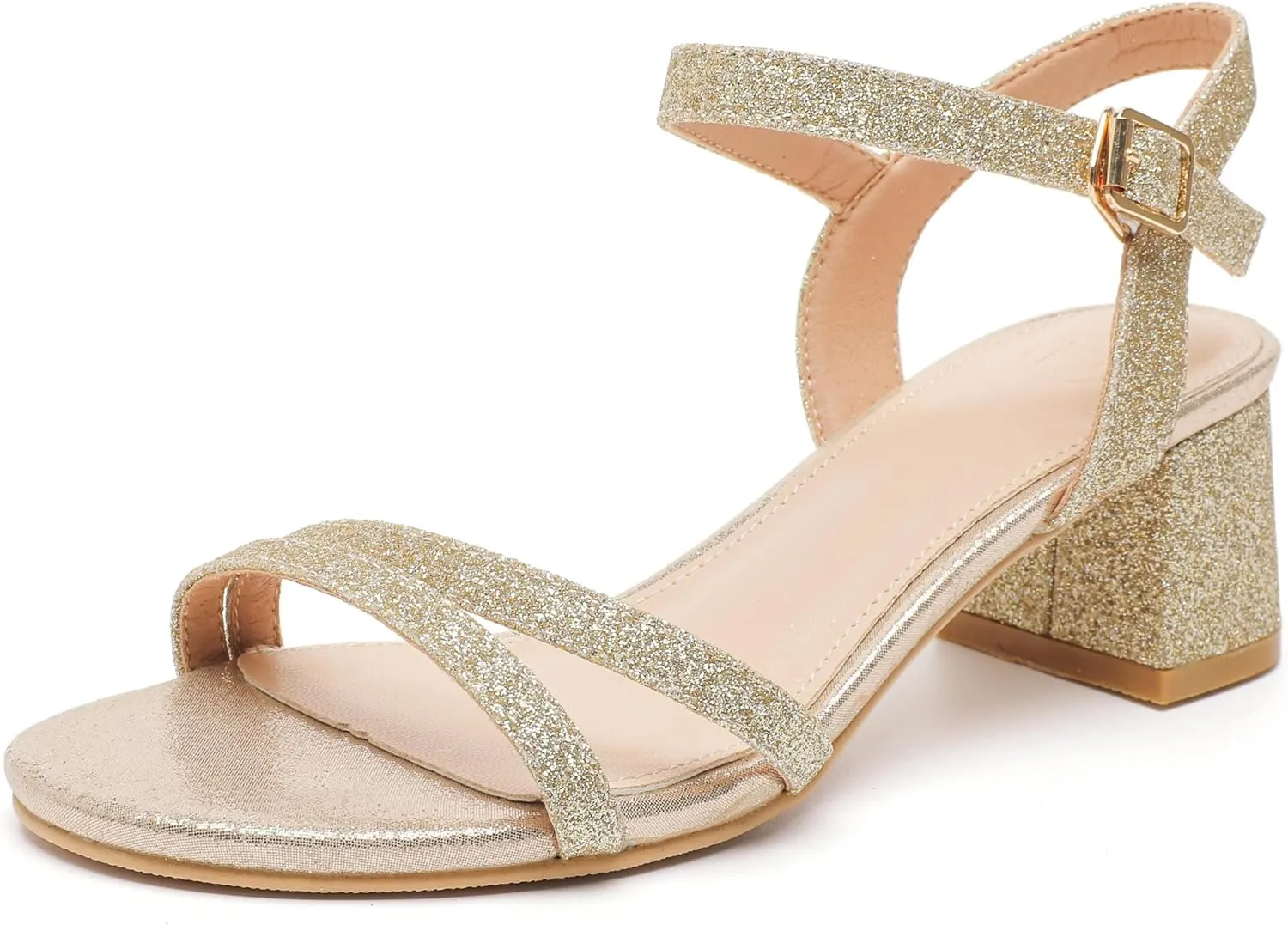 kkdom Women's Open Toe Ankle Strap Glitter Sandals Pumps Low Block Chunky Heels Wedding Dress Shoes