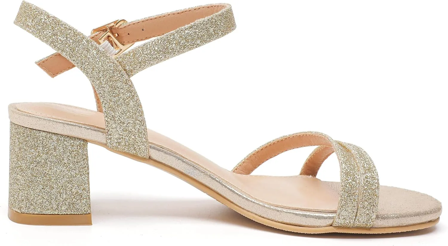 kkdom Women's Open Toe Ankle Strap Glitter Sandals Pumps Low Block Chunky Heels Wedding Dress Shoes