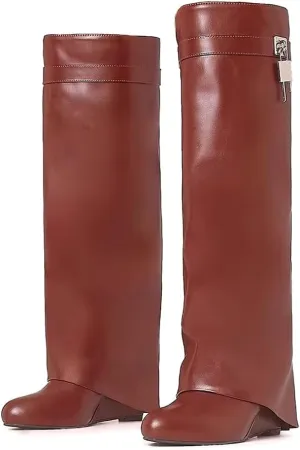 Kluolandi Women's Fold Over Knee High Boots with Metal Padlock Covered Wedge Heel Wide Calf Pull On Boots