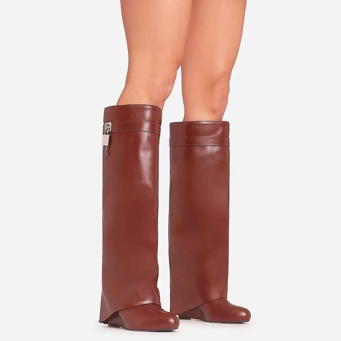 Kluolandi Women's Fold Over Knee High Boots with Metal Padlock Covered Wedge Heel Wide Calf Pull On Boots
