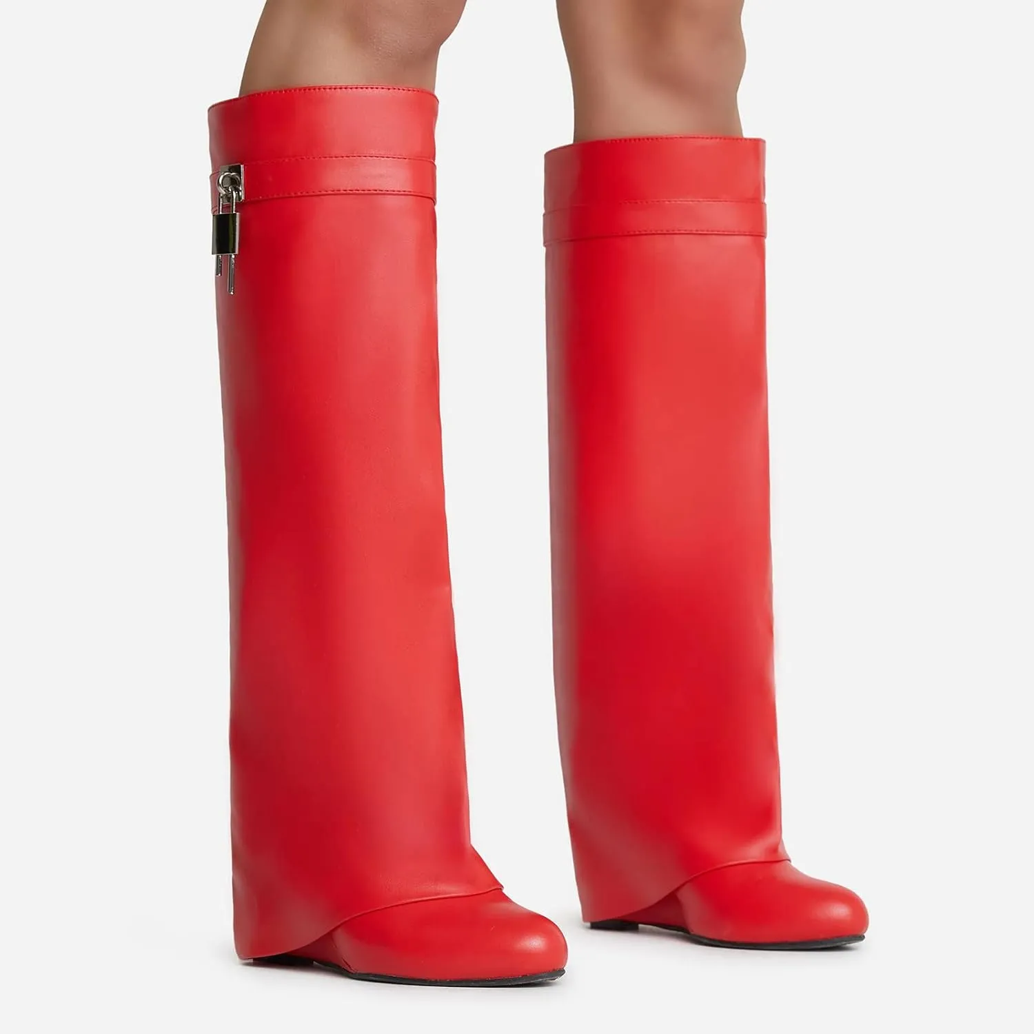 Kluolandi Women's Fold Over Knee High Boots with Metal Padlock Covered Wedge Heel Wide Calf Pull On Boots