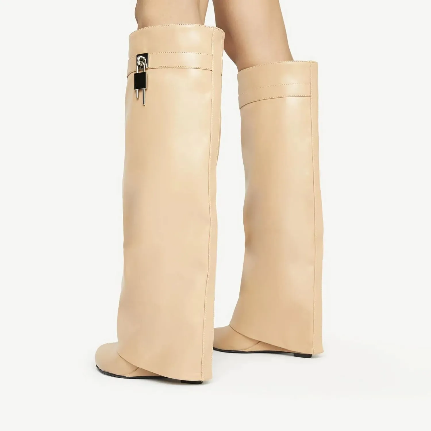Kluolandi Women's Fold Over Knee High Boots with Metal Padlock Covered Wedge Heel Wide Calf Pull On Boots