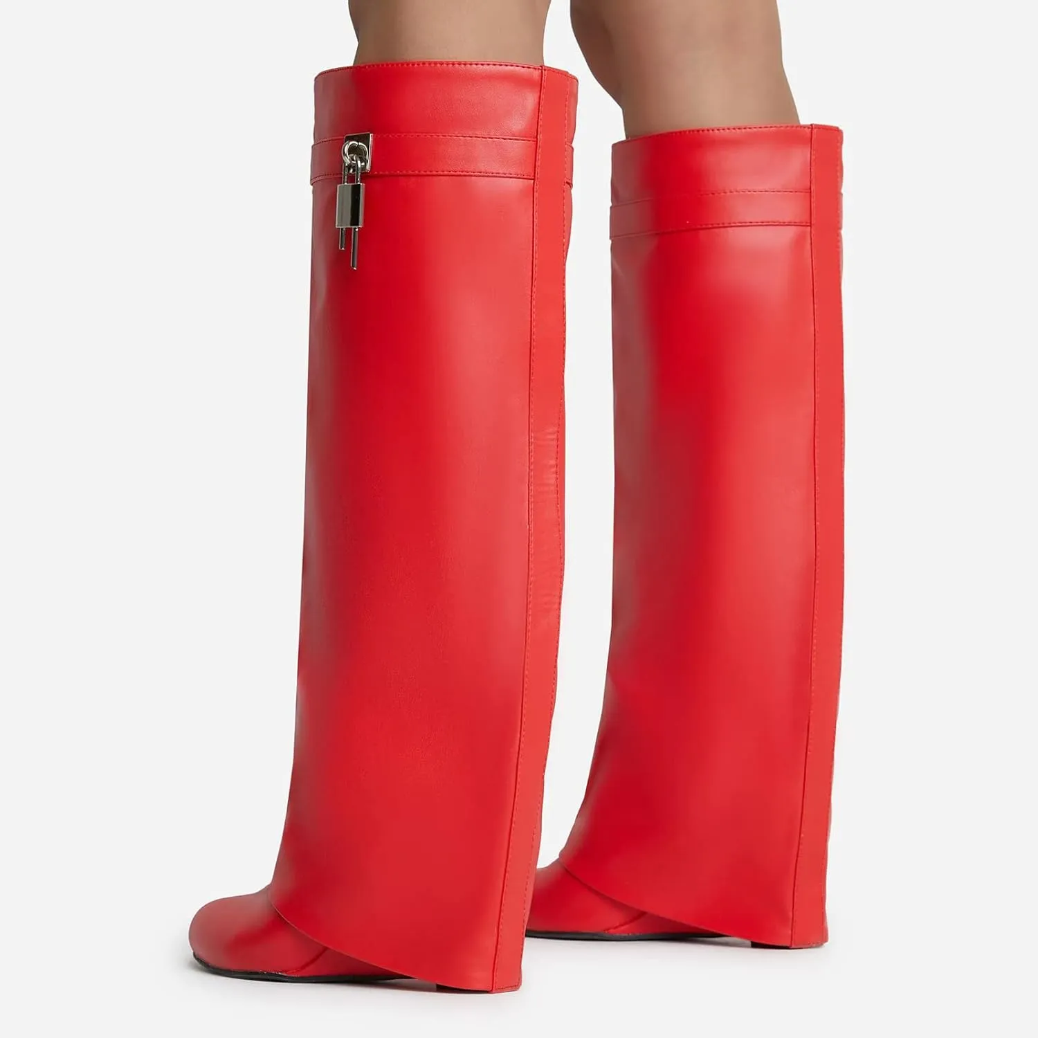 Kluolandi Women's Fold Over Knee High Boots with Metal Padlock Covered Wedge Heel Wide Calf Pull On Boots