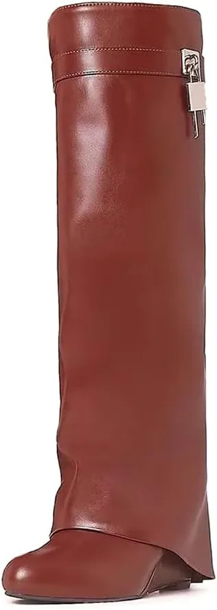 Kluolandi Women's Fold Over Knee High Boots with Metal Padlock Covered Wedge Heel Wide Calf Pull On Boots