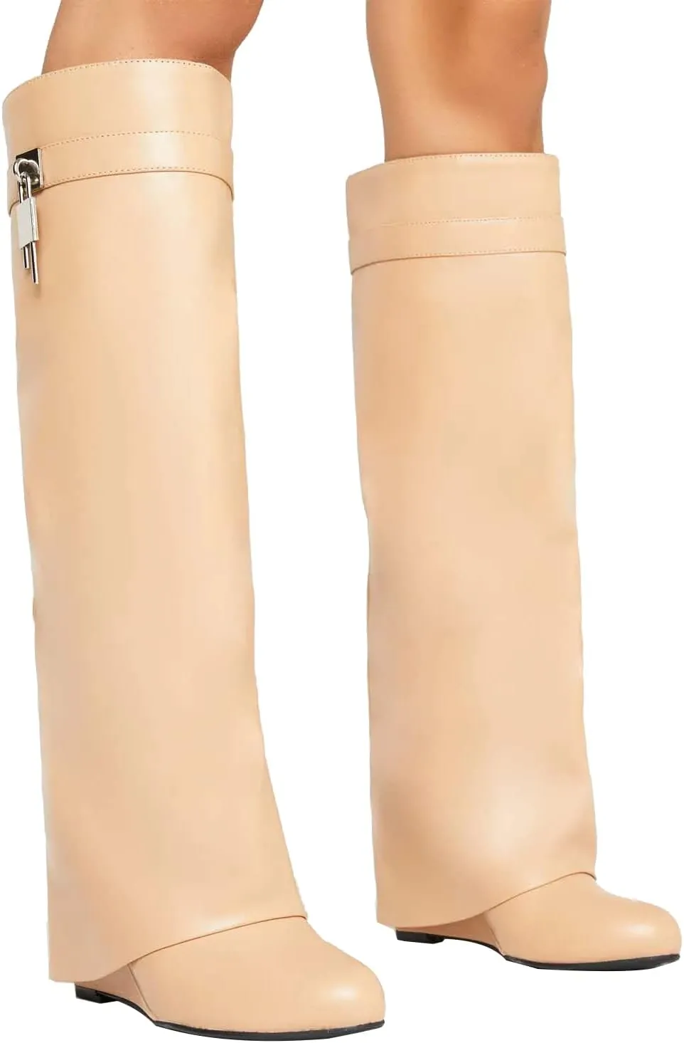 Kluolandi Women's Fold Over Knee High Boots with Metal Padlock Covered Wedge Heel Wide Calf Pull On Boots