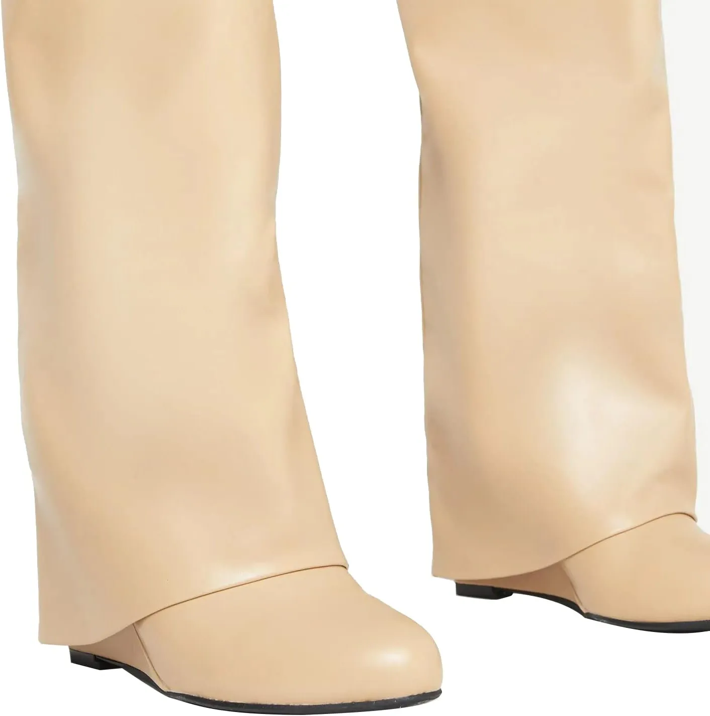 Kluolandi Women's Fold Over Knee High Boots with Metal Padlock Covered Wedge Heel Wide Calf Pull On Boots