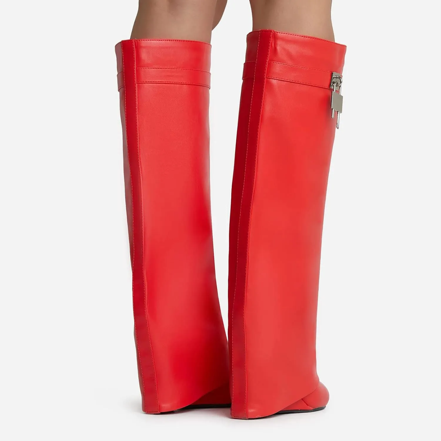 Kluolandi Women's Fold Over Knee High Boots with Metal Padlock Covered Wedge Heel Wide Calf Pull On Boots