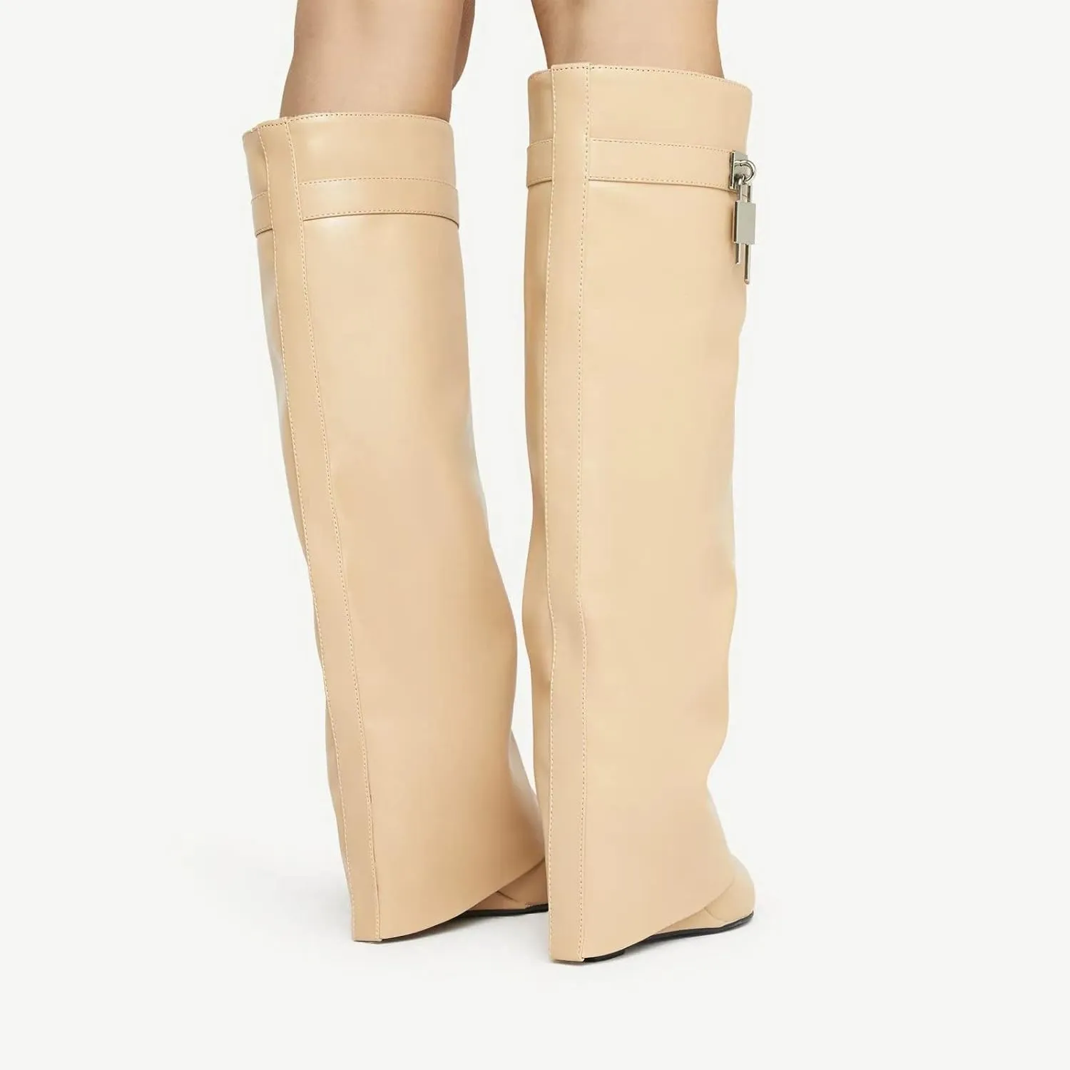 Kluolandi Women's Fold Over Knee High Boots with Metal Padlock Covered Wedge Heel Wide Calf Pull On Boots