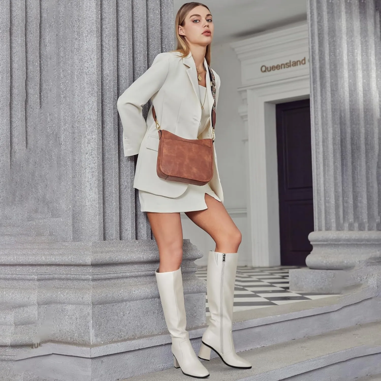 Knee High Boots for Women Chunky Heel Square Toe Tall Boots Wide Calf Fashion Long Boot with Side Zipper