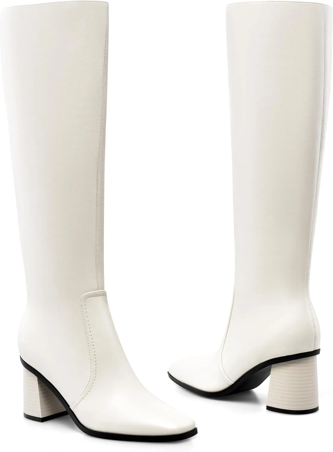 Knee High Boots for Women Chunky Heel Square Toe Tall Boots Wide Calf Fashion Long Boot with Side Zipper