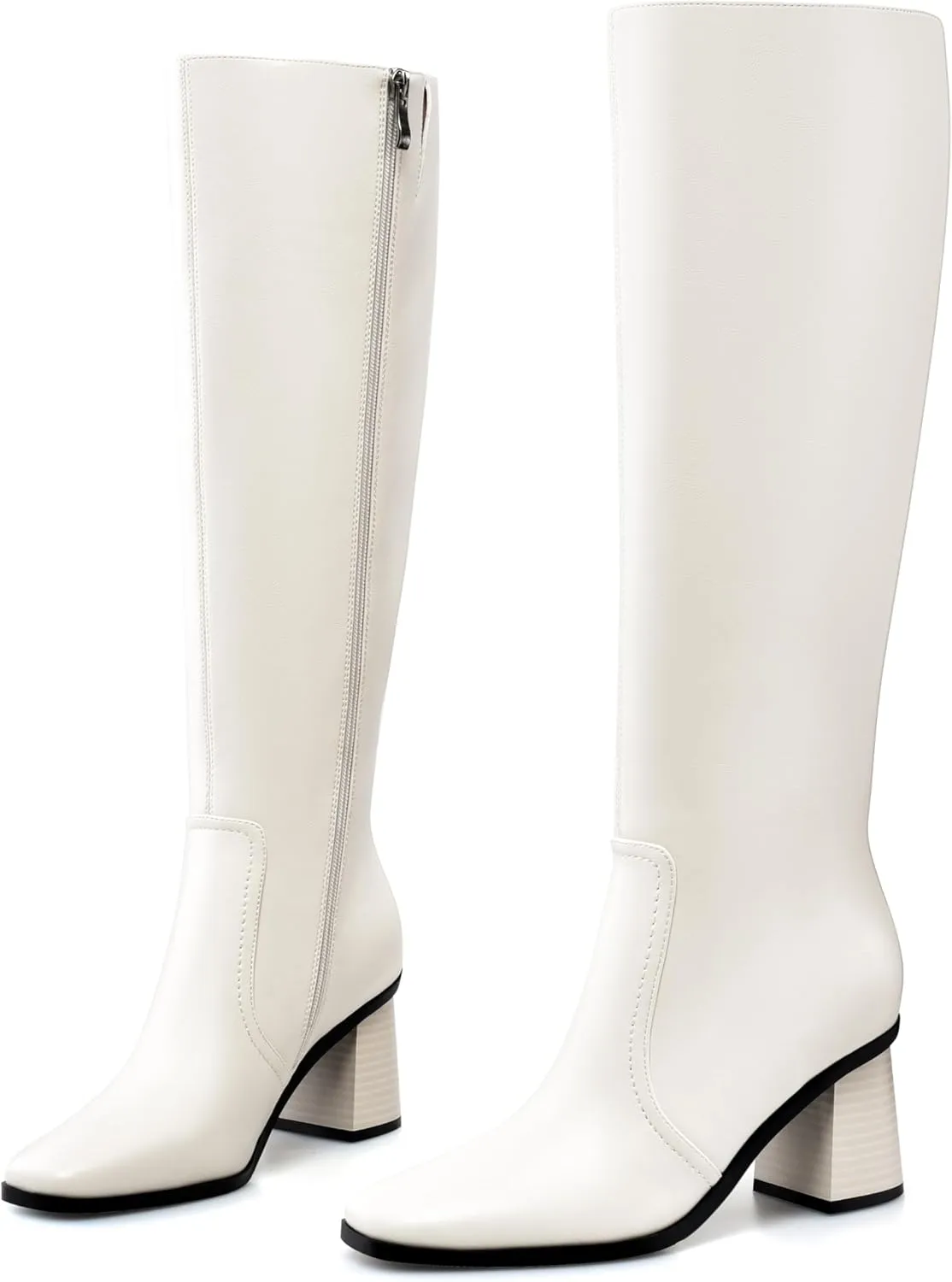 Knee High Boots for Women Chunky Heel Square Toe Tall Boots Wide Calf Fashion Long Boot with Side Zipper