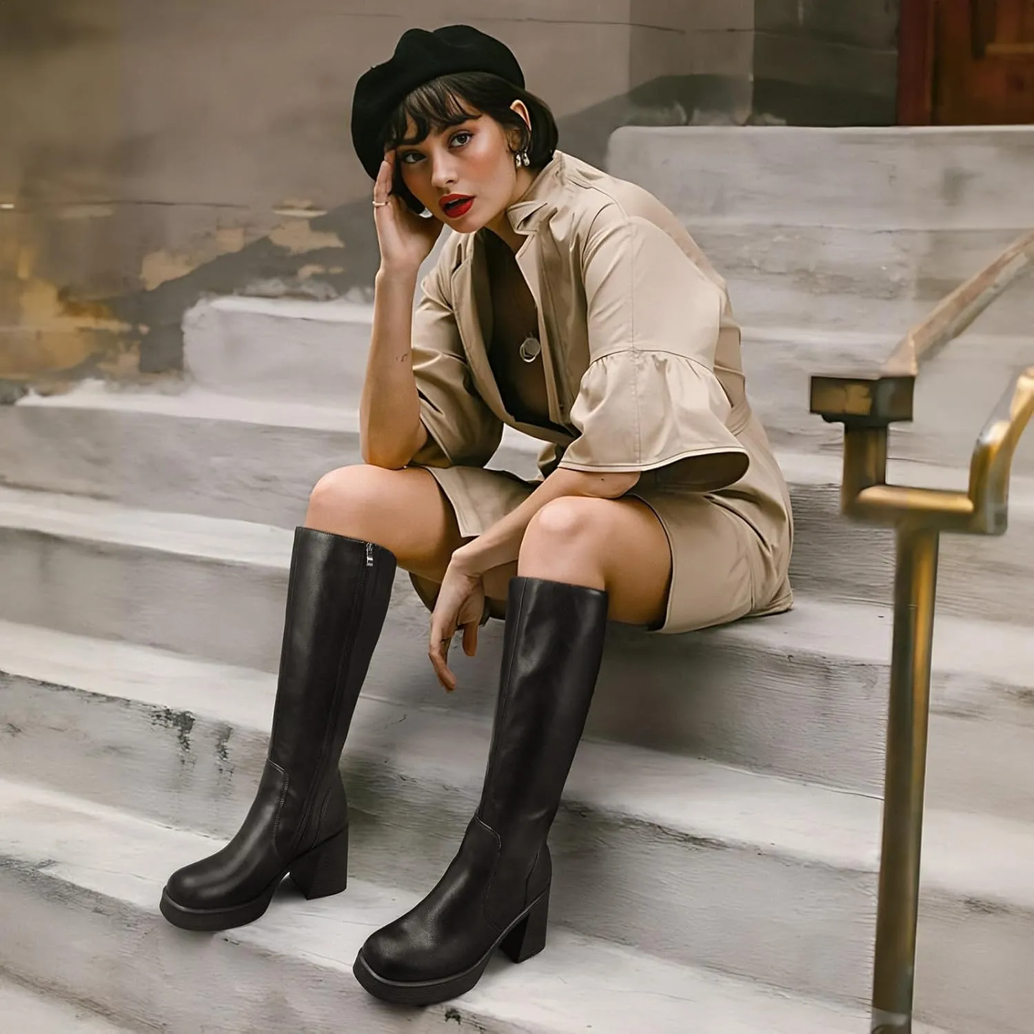 Knee High Boots for Women - Platform Tall Wide Calf Boots Square Toe Chunky Block Heeled Leather Gogo Boots with Side Zipper