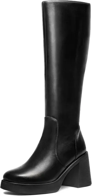 Knee High Boots for Women - Platform Tall Wide Calf Boots Square Toe Chunky Block Heeled Leather Gogo Boots with Side Zipper