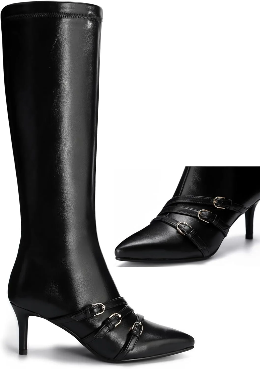 Knee High Boots for Women Strappy Buckles Stiletto Heel Pointed Toe Side Zipper Soft PU Leather Sexy Dress Long Boots and Ankle Booties
