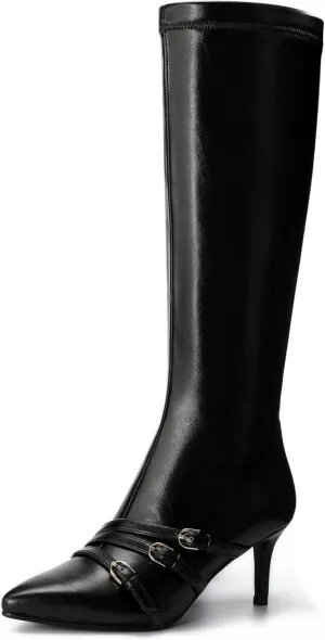 Knee High Boots for Women Strappy Buckles Stiletto Heel Pointed Toe Side Zipper Soft PU Leather Sexy Dress Long Boots and Ankle Booties