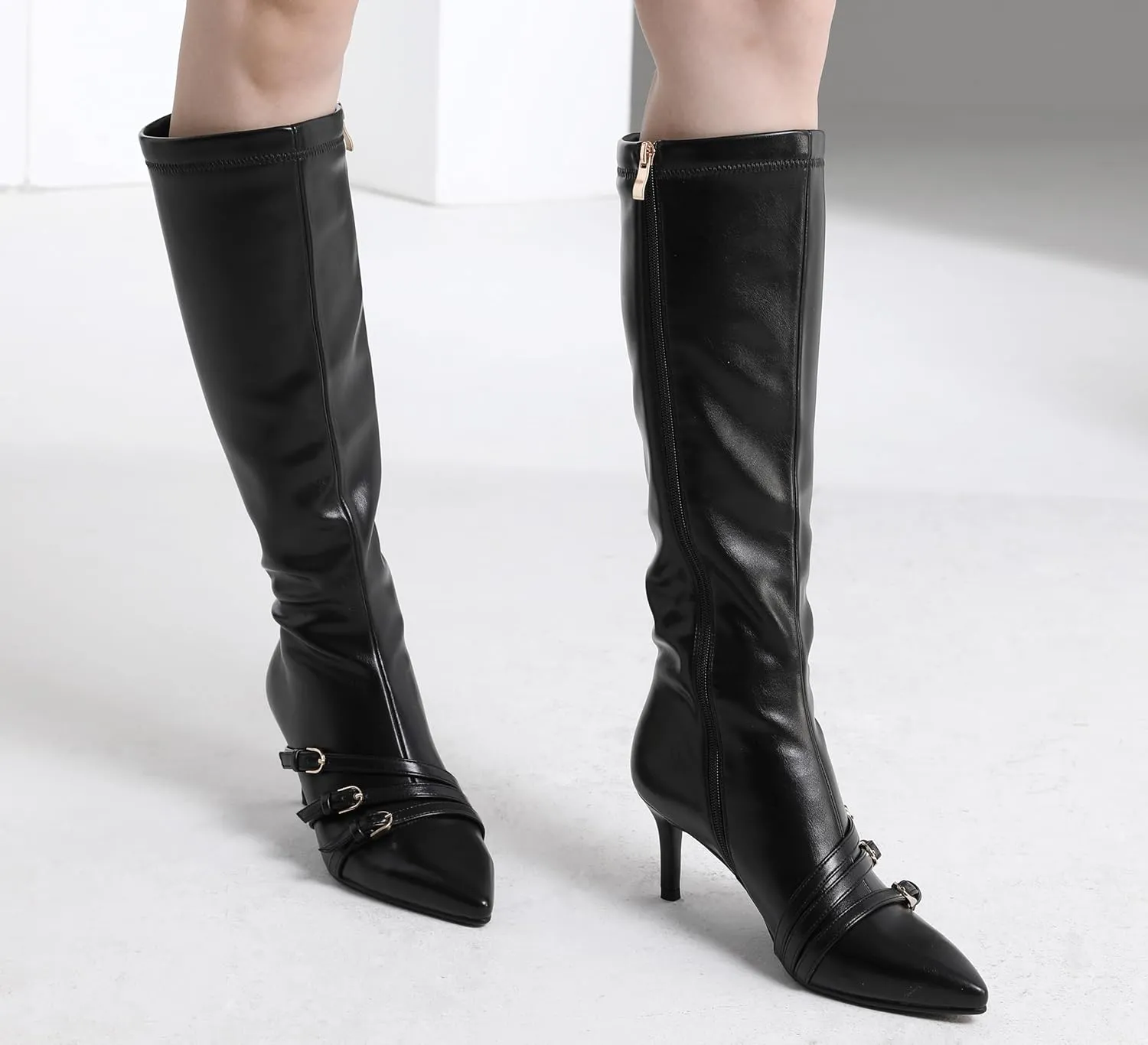 Knee High Boots for Women Strappy Buckles Stiletto Heel Pointed Toe Side Zipper Soft PU Leather Sexy Dress Long Boots and Ankle Booties