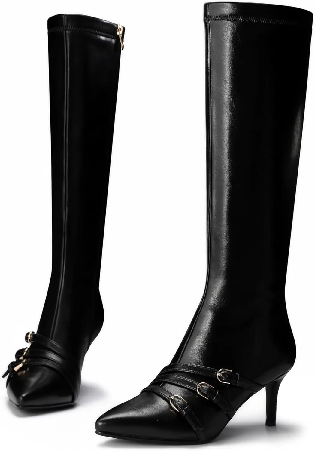 Knee High Boots for Women Strappy Buckles Stiletto Heel Pointed Toe Side Zipper Soft PU Leather Sexy Dress Long Boots and Ankle Booties