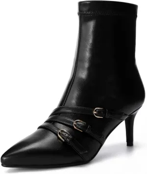 Knee High Boots for Women Strappy Buckles Stiletto Heel Pointed Toe Side Zipper Soft PU Leather Sexy Dress Long Boots and Ankle Booties