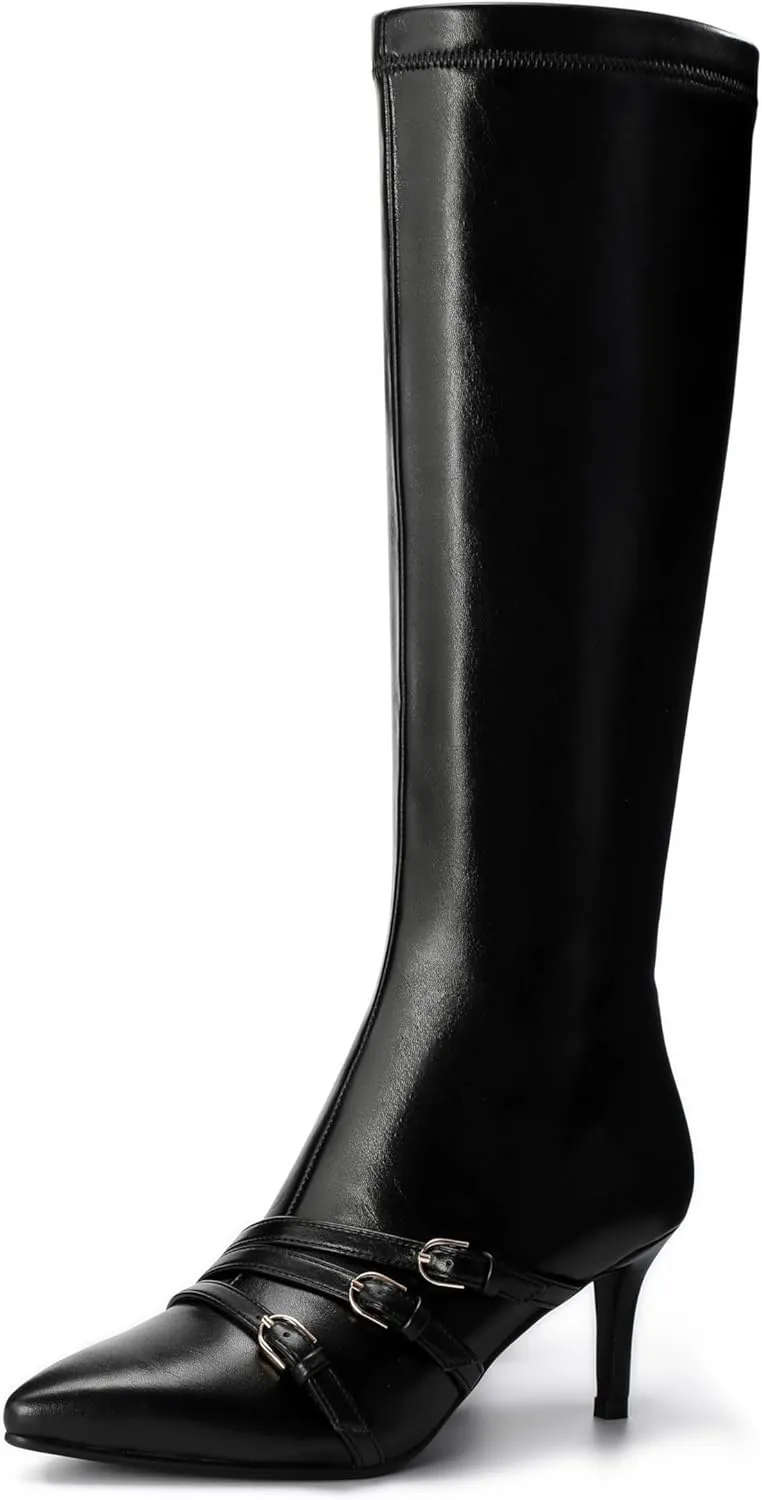 Knee High Boots for Women Strappy Buckles Stiletto Heel Pointed Toe Side Zipper Soft PU Leather Sexy Dress Long Boots and Ankle Booties