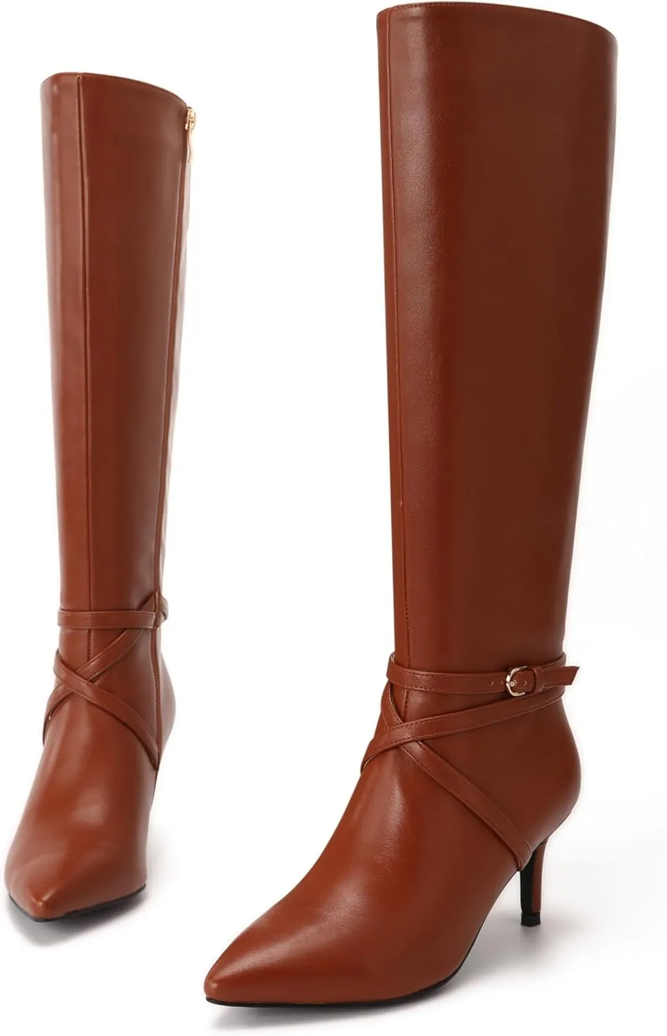 Knee High Boots for Women Strappy legs Stiletto Heel Pointed Toe Side Zipper Soft PU Leather Sexy Dress Long Boots