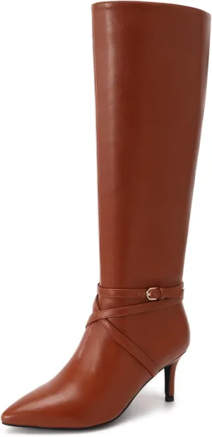 Knee High Boots for Women Strappy legs Stiletto Heel Pointed Toe Side Zipper Soft PU Leather Sexy Dress Long Boots