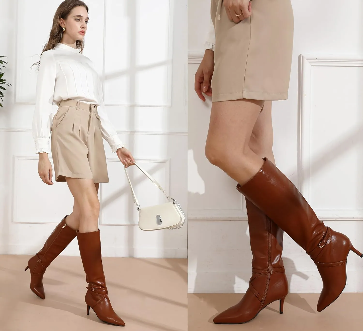 Knee High Boots for Women Strappy legs Stiletto Heel Pointed Toe Side Zipper Soft PU Leather Sexy Dress Long Boots
